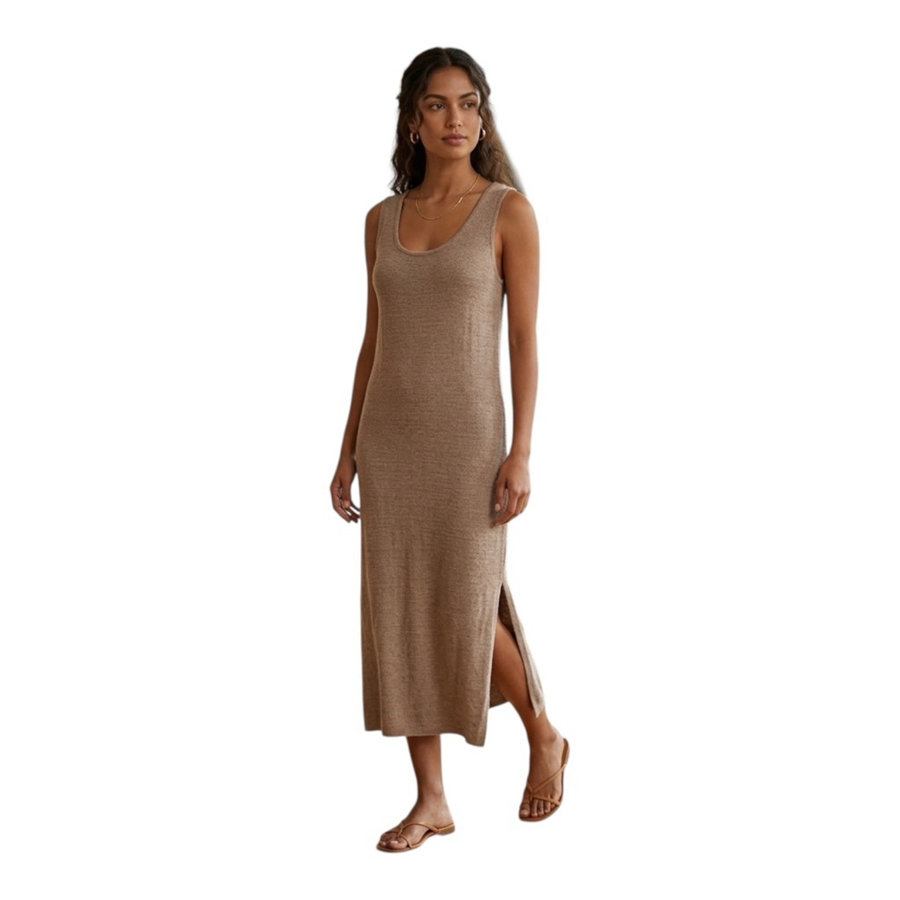Barefoot Dreams CozyChic Ultra Lite Tank Midi Dress Taupe Side Slit L
